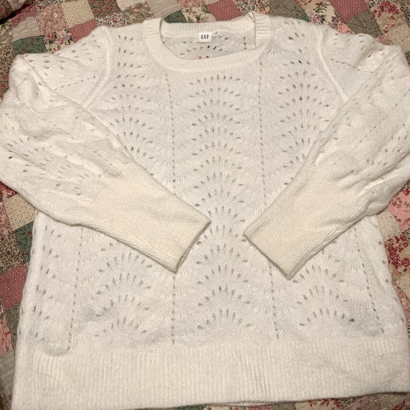 GAP Sweaters - GAP • eyelet sweater • soft knit • white / cream • puff sleeve • Large